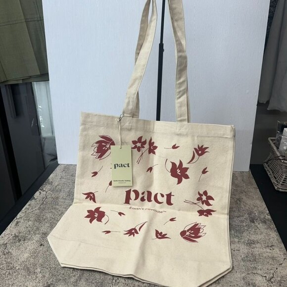Pact  Earth's Favorite Reusable  100% Organic Cotton  Tote Bag  Red Flowers NWT - Picture 2 of 13